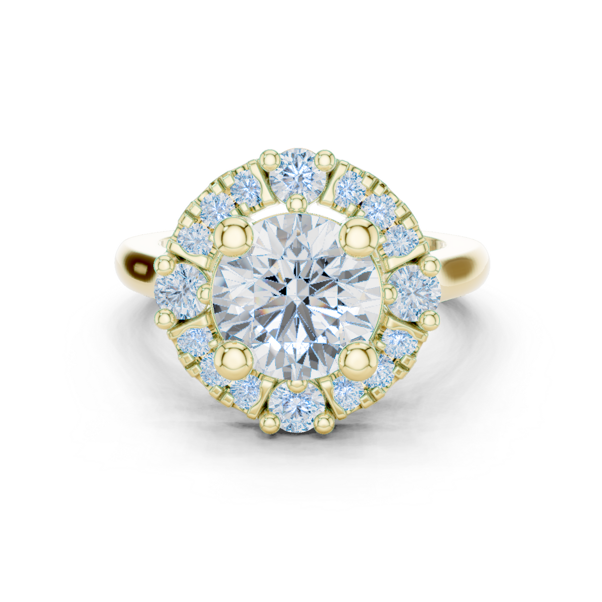 14K Solid Gold Lab Diamond Halo Ring, Yellow Gold