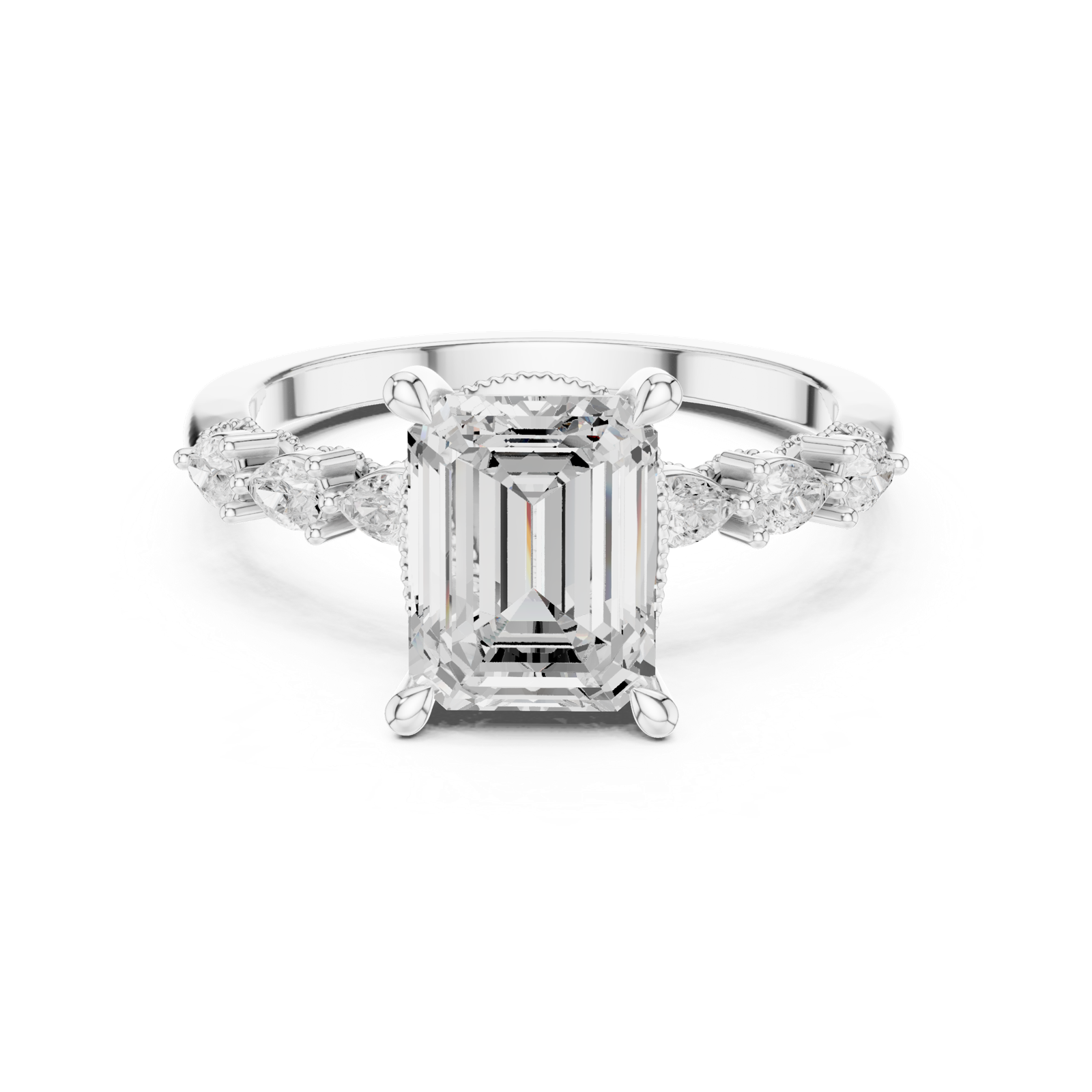Gold Ring, Emerald center stone, White Gold, view 4