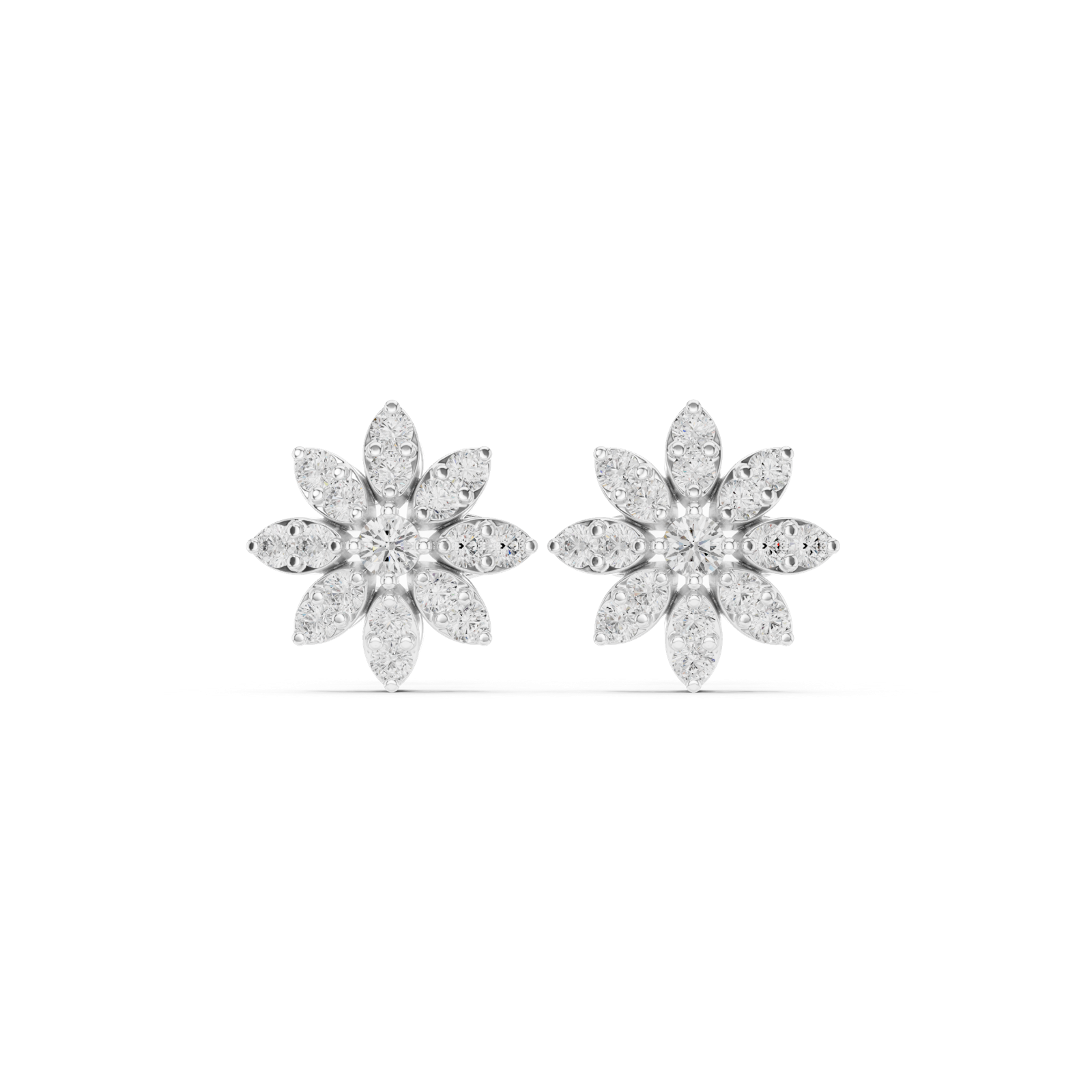 14K Solid Gold Lab Diamond Flower Cluster Earrings, White Gold