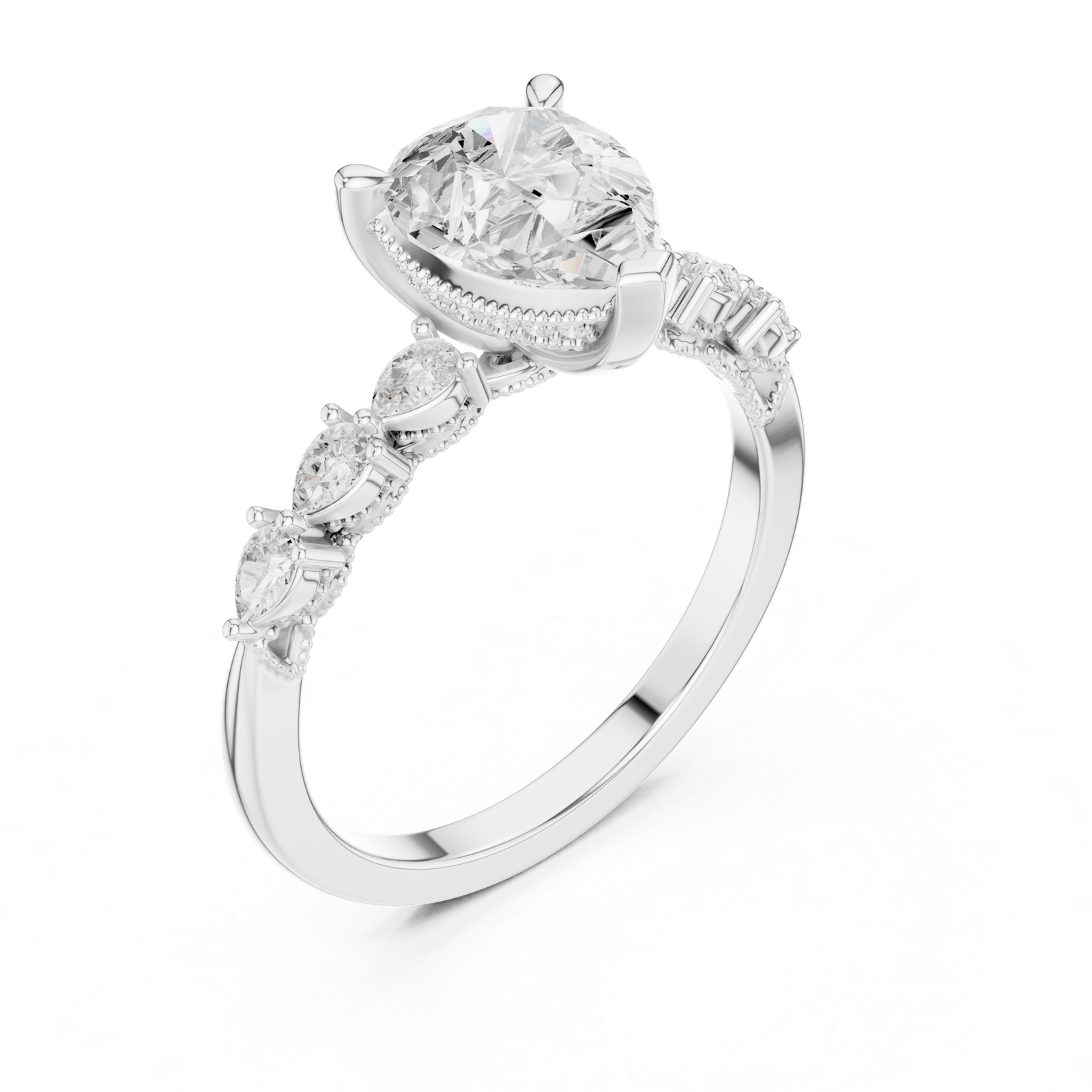 Gold Ring DDLR-168, Pear center stone, White Gold, view 2