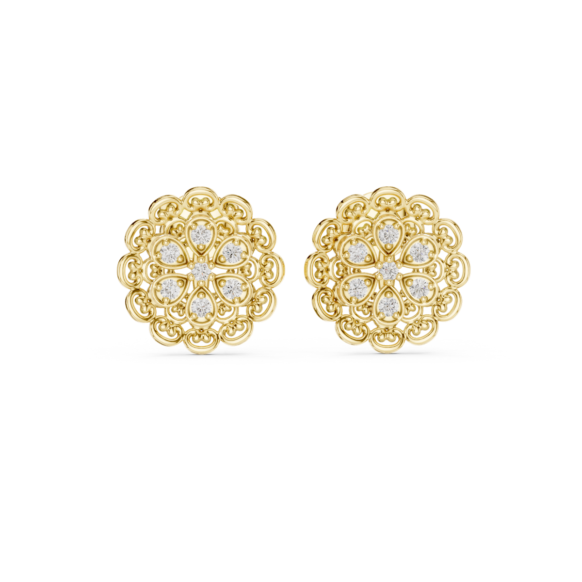 14K Solid Gold Lab Diamond Flower Cluster Earrings, Yellow Gold