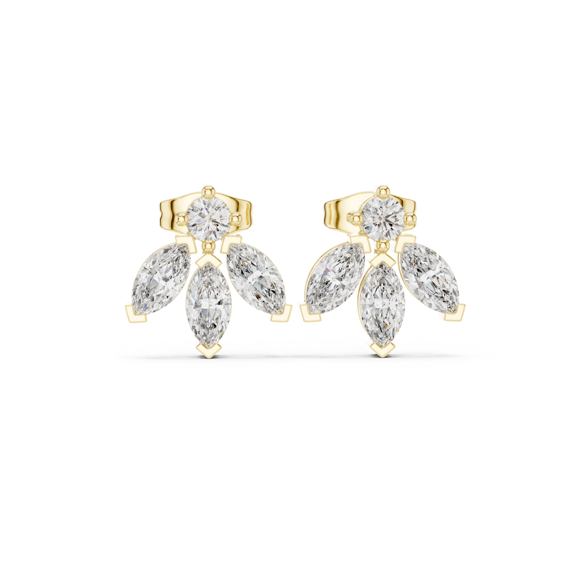 14K Solid Gold Lab Diamond Flower Cluster Earrings, Yellow Gold