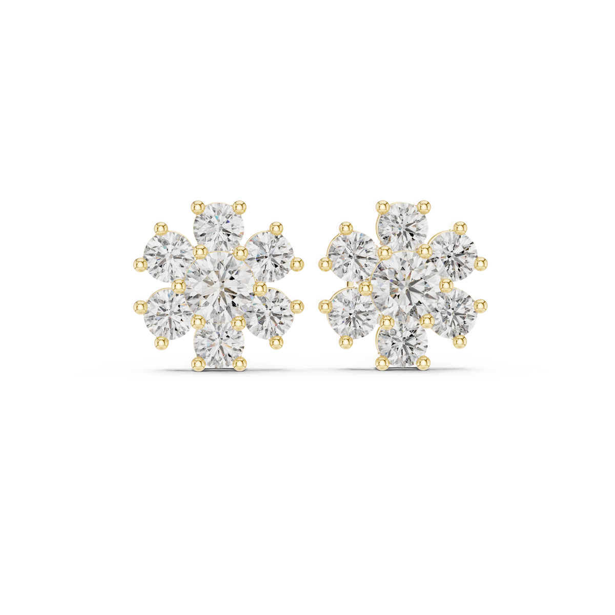 14K Solid Gold Lab Diamond Flower Cluster Earrings, Yellow Gold