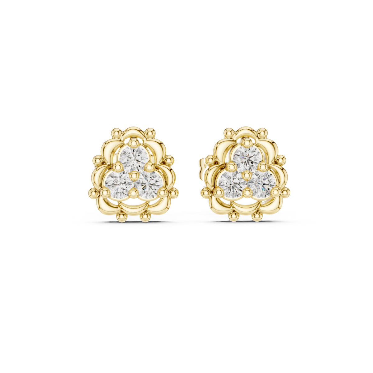 14K Solid Gold Lab Diamond Flower Cluster Earrings, Yellow Gold