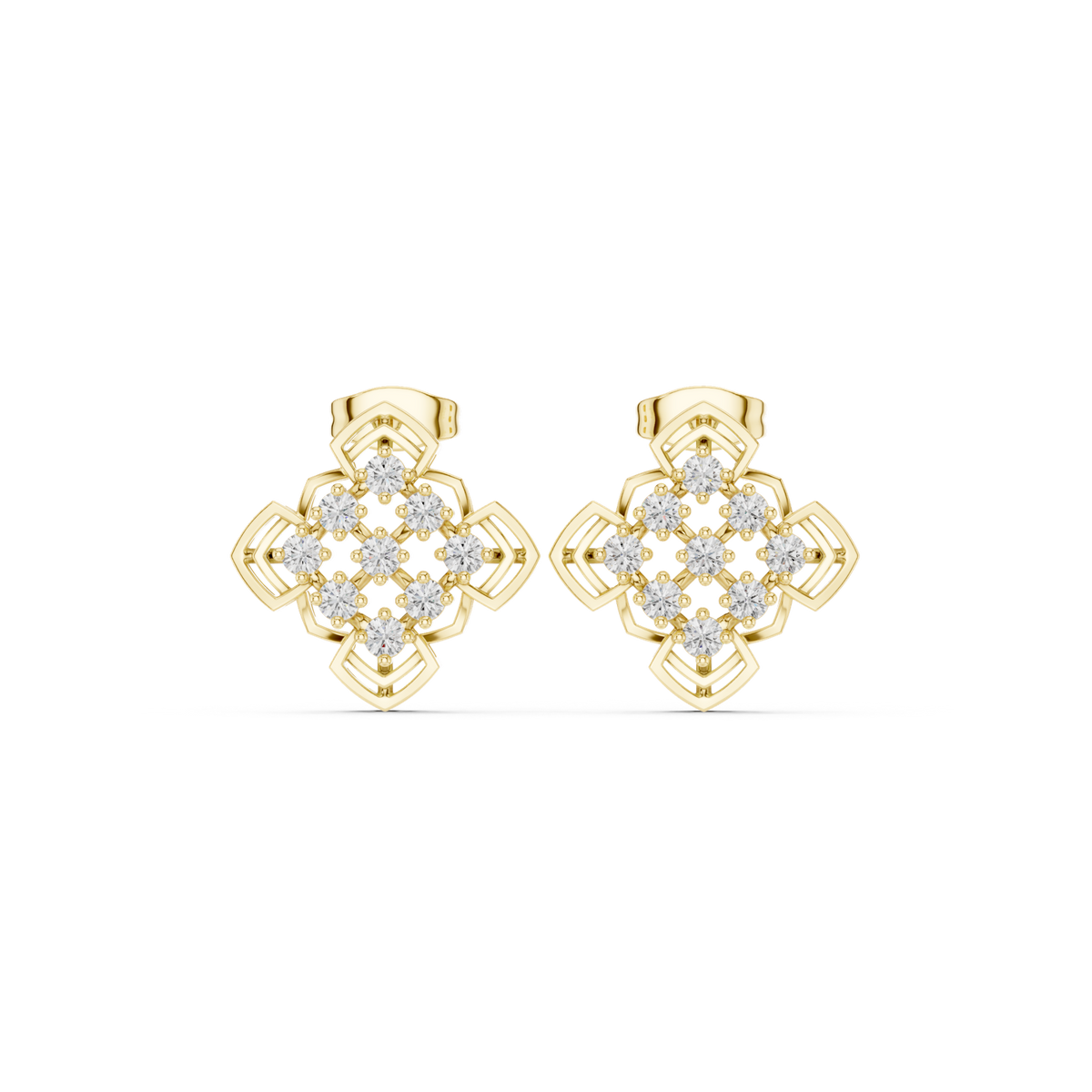 14K Solid Gold Lab Diamond Clover Cluster Earrings, Yellow Gold