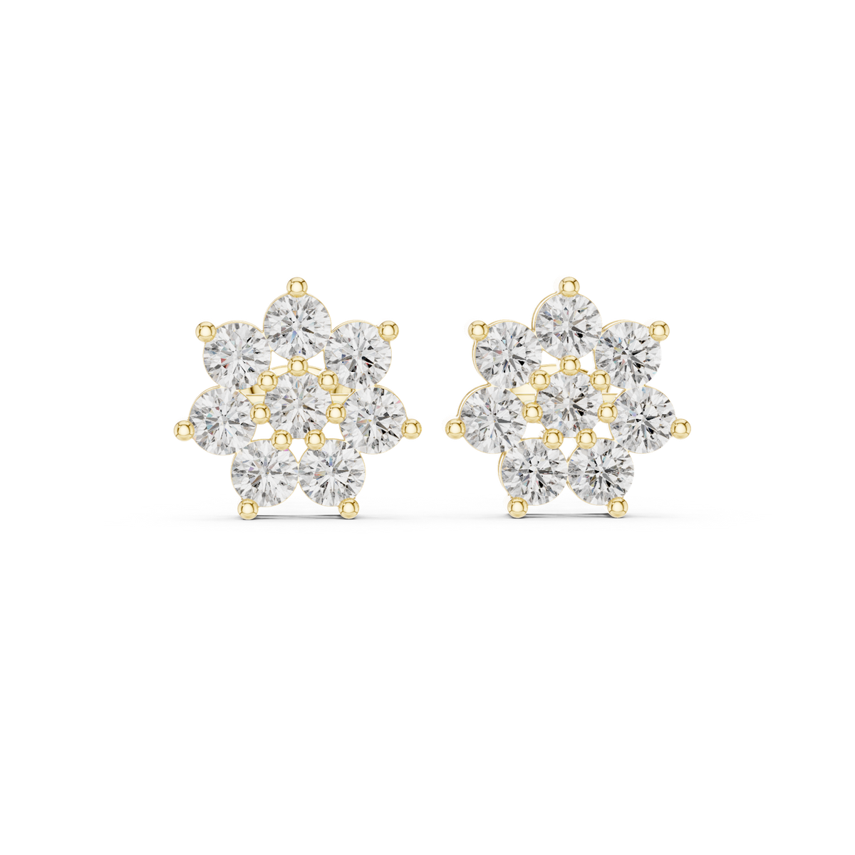 14K Solid Gold Lab Diamond Flower Cluster Earrings, Yellow Gold