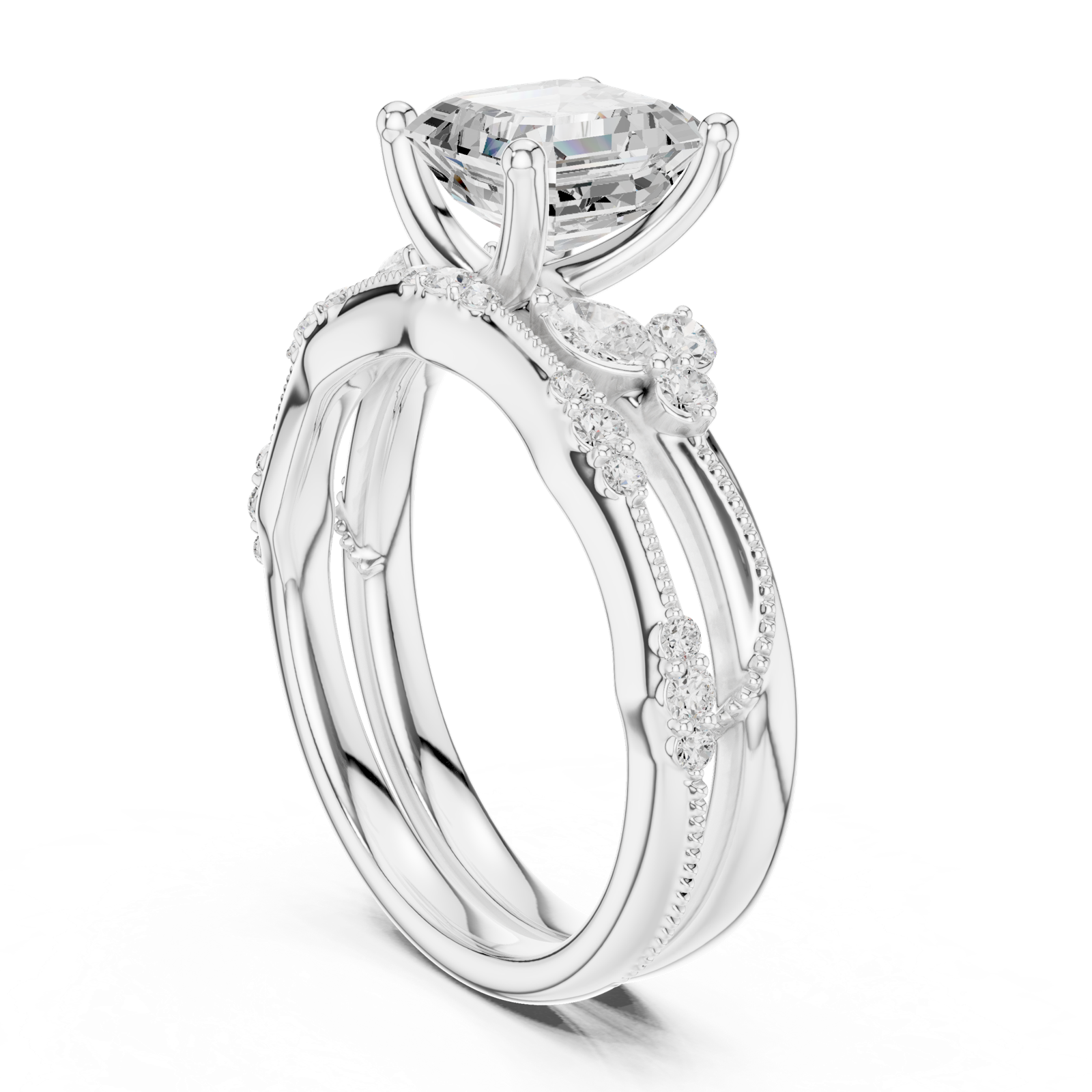 Gold Ring DDLR-299, Asscher center stone, White Gold, view 1