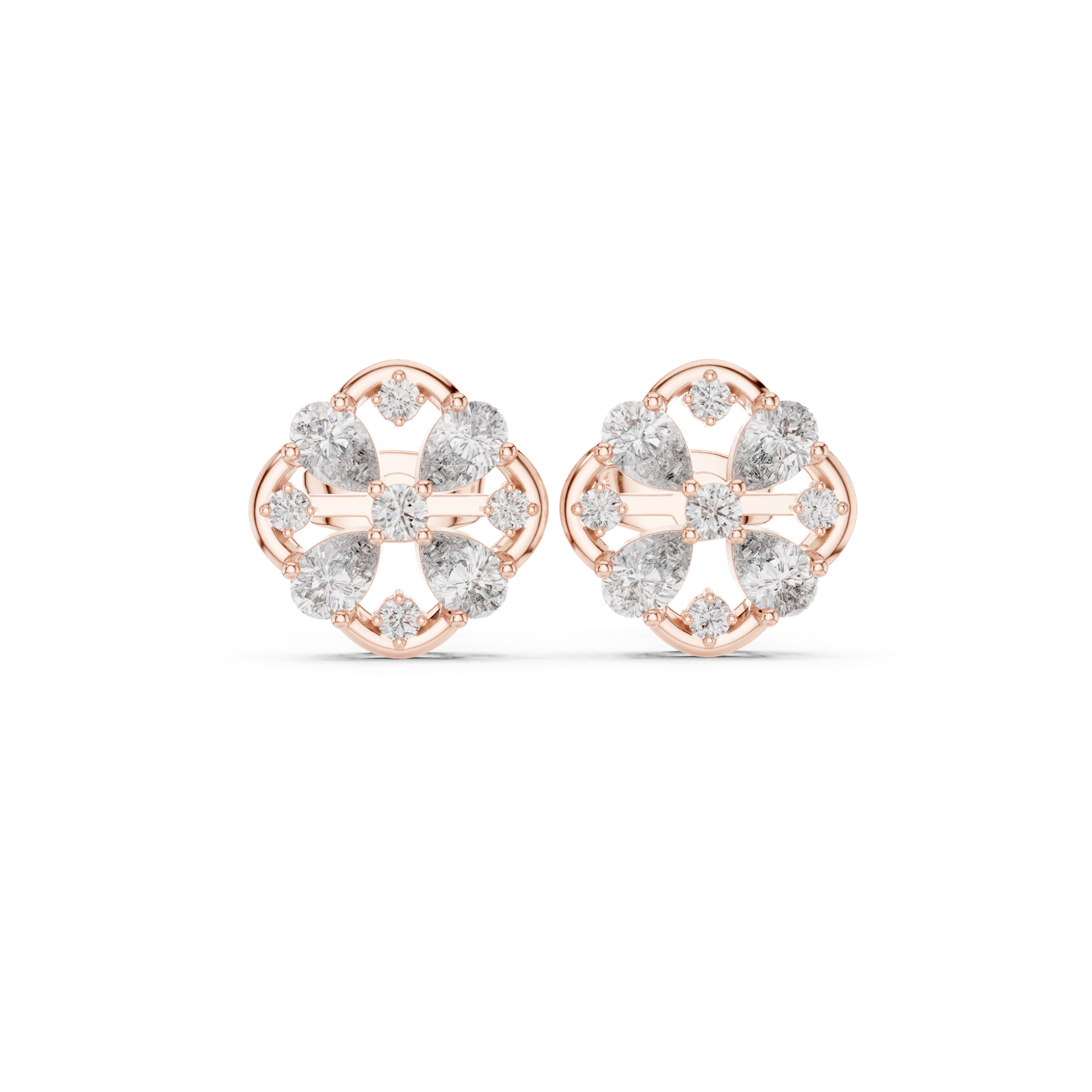 14K Solid Gold Lab Diamond Clover Cluster Earrings, Rose Gold