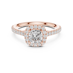Gold Halo Pave Engagement Ring, Cushion center stone, Rose Gold, view 4