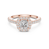 Gold Halo Pave Engagement Ring, Cushion center stone, Rose Gold, view 4