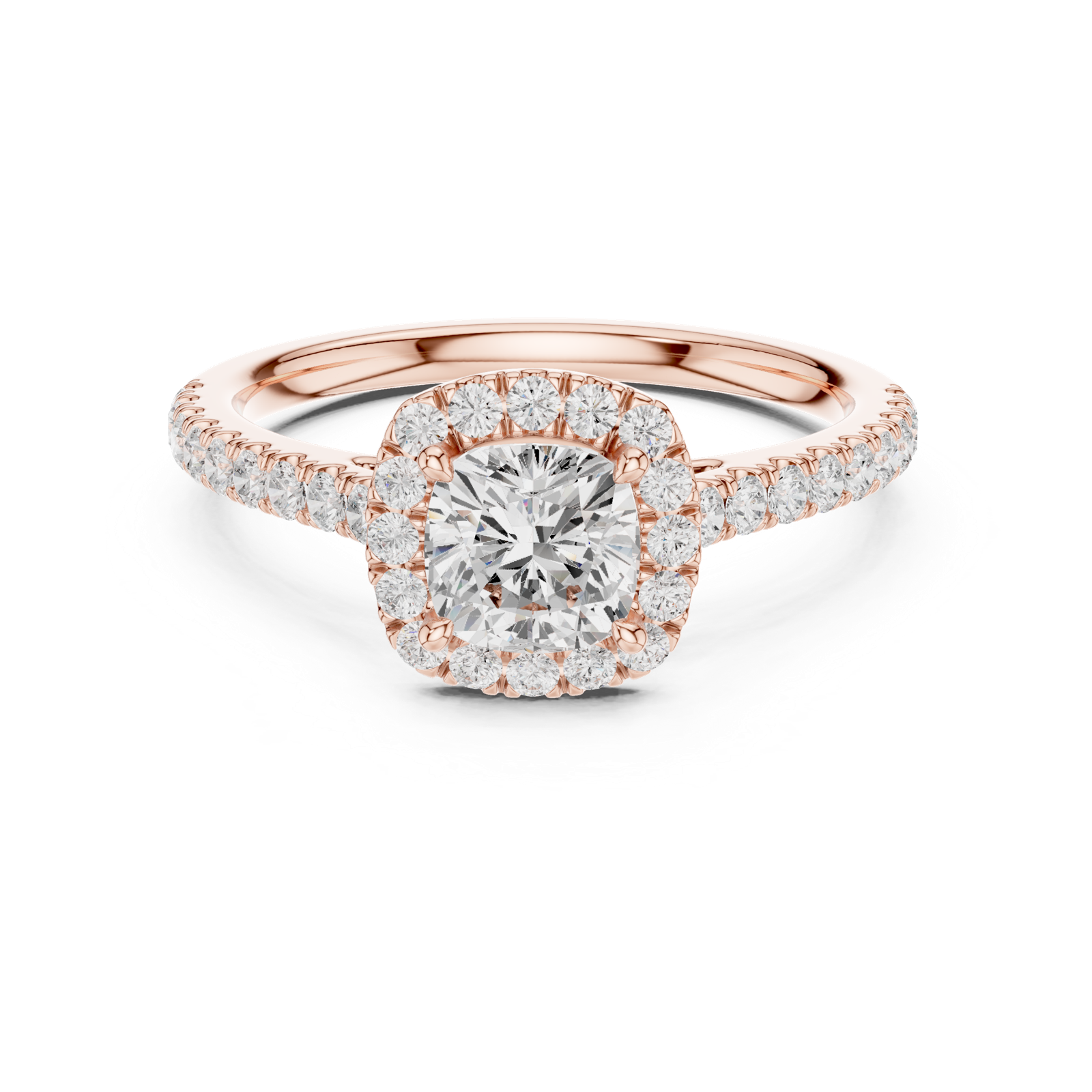 Gold Halo Pave Engagement Ring, Cushion center stone, Rose Gold, view 4