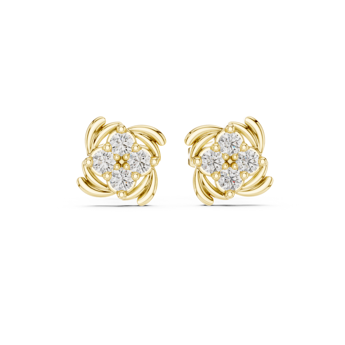 14K Solid Gold Lab Diamond Flower Cluster Earrings, Yellow Gold