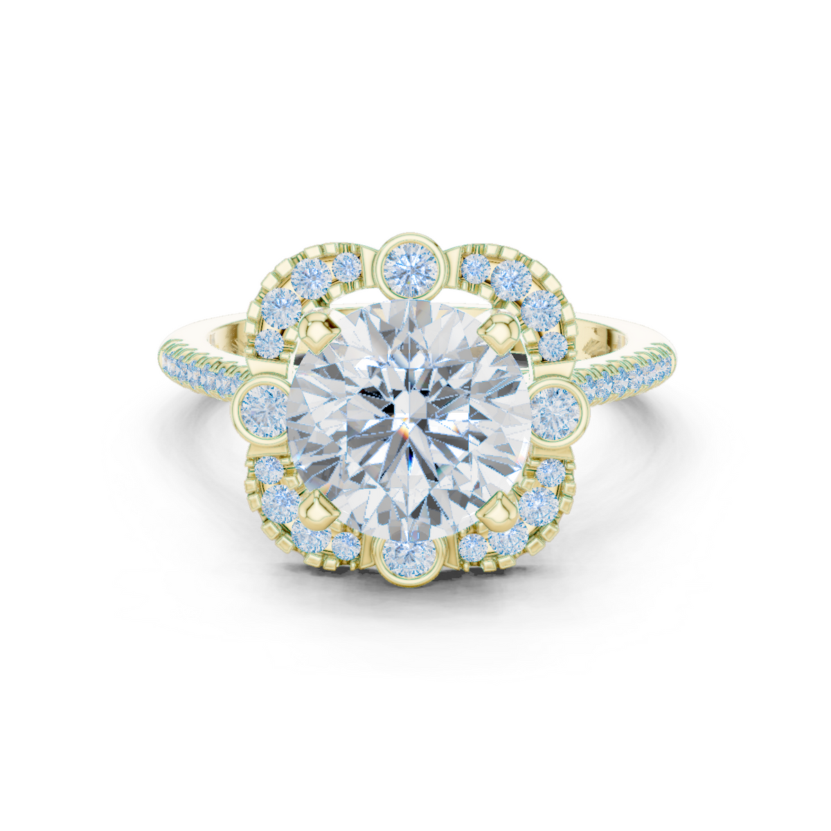 14K Solid Gold Lab Diamond Flower Halo Ring, Yellow Gold