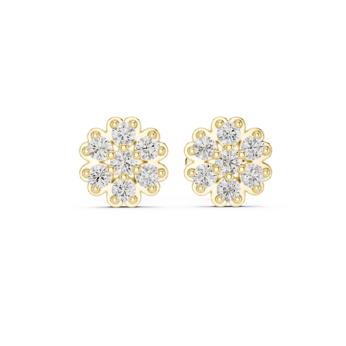 14K Solid Gold Lab Diamond Flower Cluster Earrings, Yellow Gold