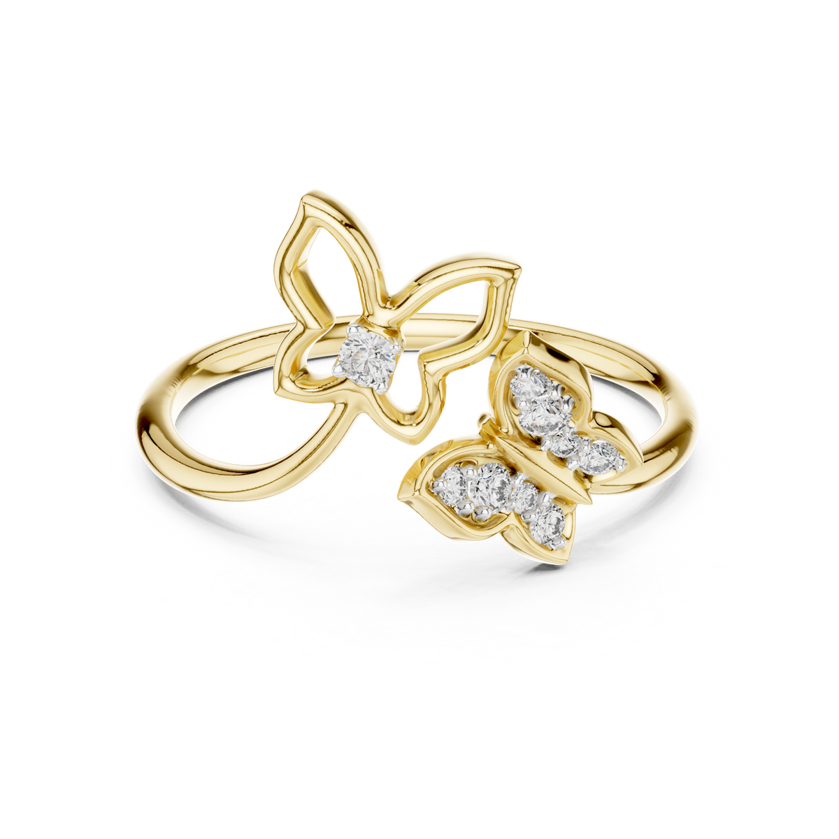 14K Solid Gold Lab Diamond Butterfly Cluster Ring, Yellow Gold