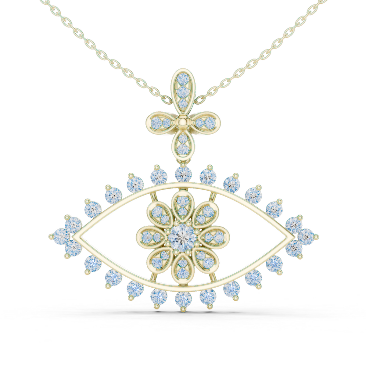 14K Solid Gold Lab Diamond Evil Eye Pendant Necklace, Yellow Gold