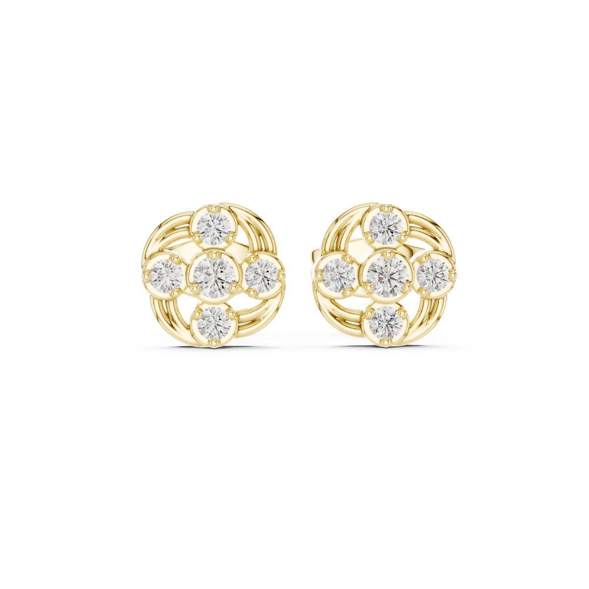 14K Solid Gold Lab Diamond Flower Cluster Earrings, Yellow Gold