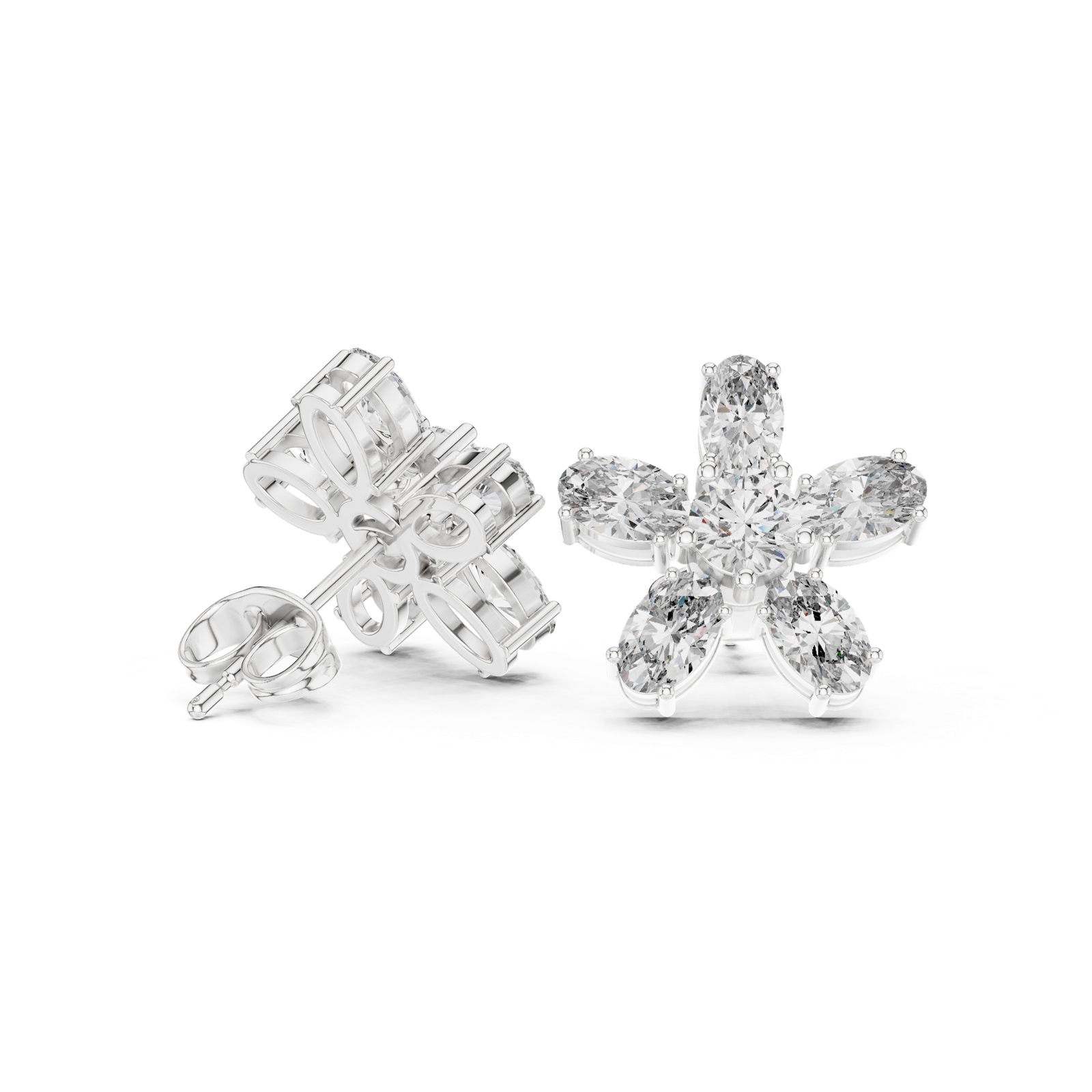 14K Solid Gold Lab Diamond Flower Cluster Earrings, White Gold, view 1