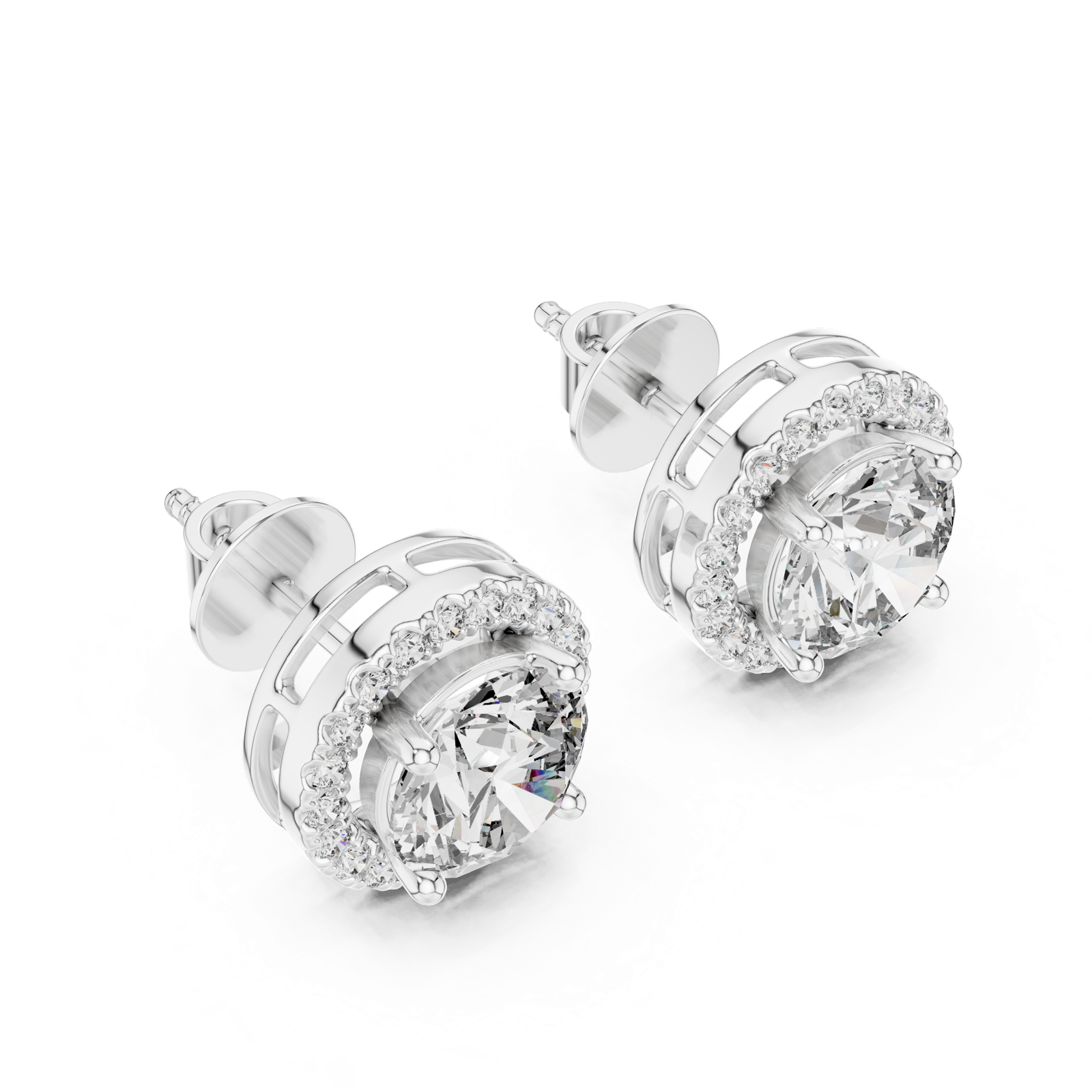14K Solid Gold Lab Diamond Halo Earrings, White Gold, view 2