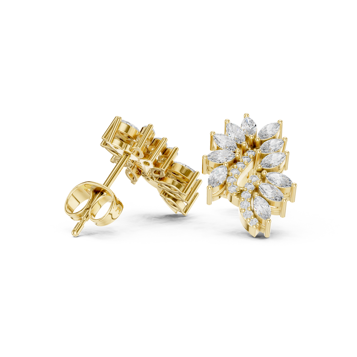 14K Solid Gold Lab Diamond Leaf Cluster Earrings, Yellow Gold, view 1