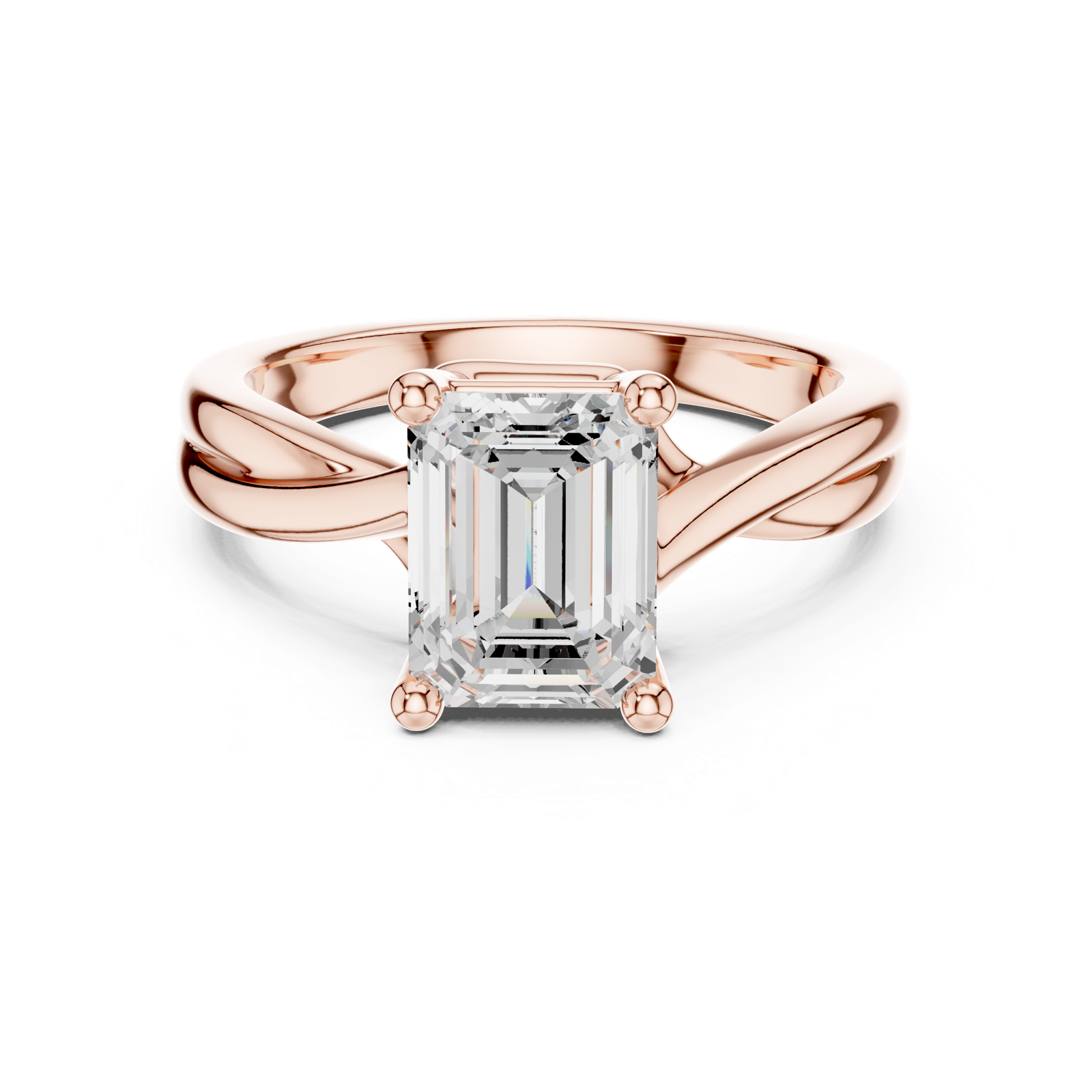 Gold Twisted Band Solitaire Engagement Ring, Emerald center stone, Rose Gold, view 4