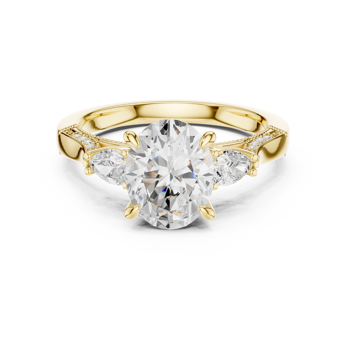 14K Solid Gold Lab Diamond Three-Stone Ring, Yellow Gold