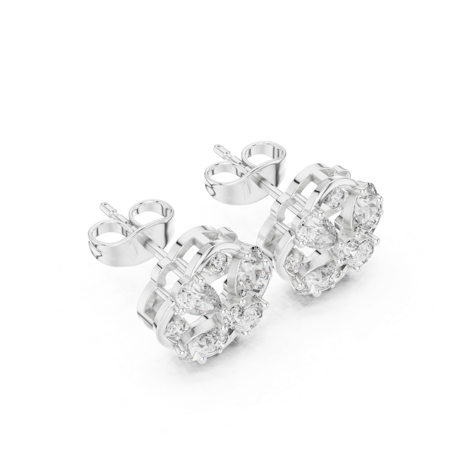 14K Solid Gold Lab Diamond Clover Cluster Earrings, White Gold, view 2