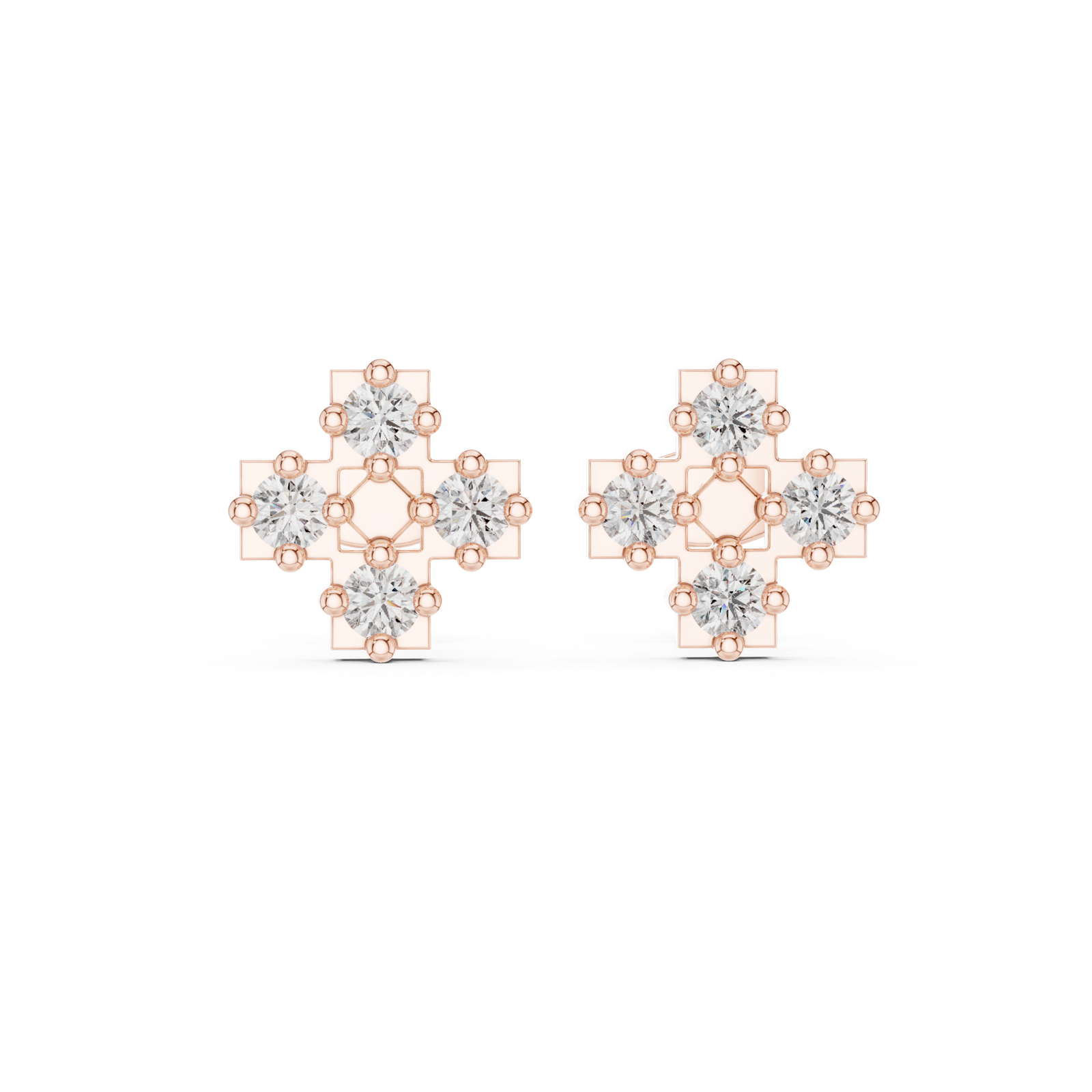 14K Solid Gold Lab Diamond Clover Cluster Earrings, Rose Gold