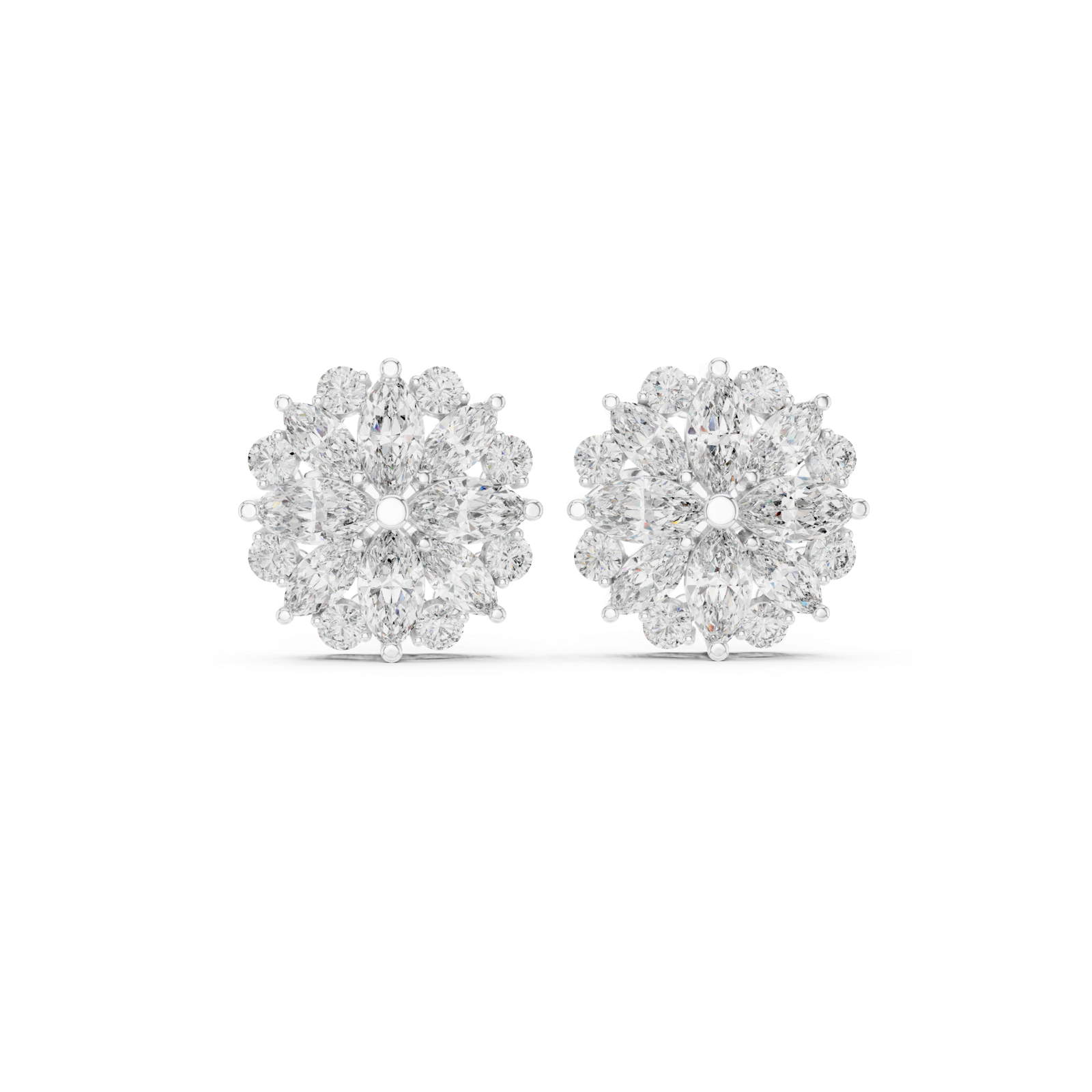 14K Solid Gold Lab Diamond Flower Cluster Earrings, White Gold