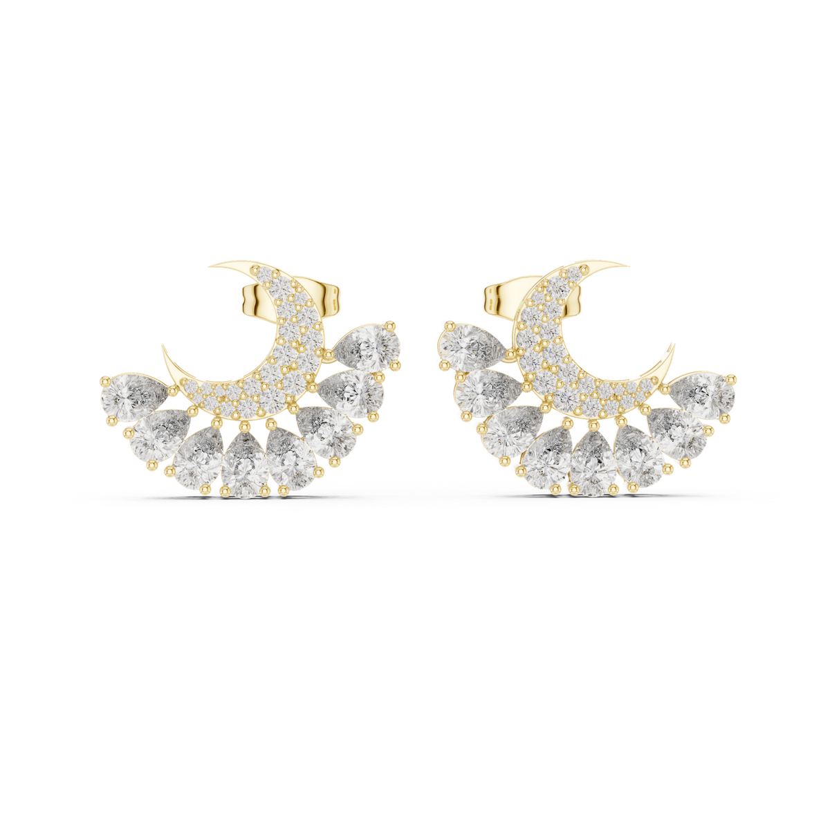 14K Solid Gold Lab Diamond Moon Cluster Earrings, Yellow Gold