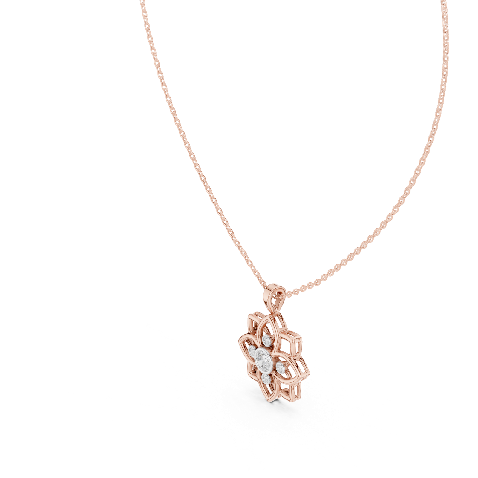 14K Solid Gold Lab Diamond Flower Pendant Necklace, Rose Gold, view 2