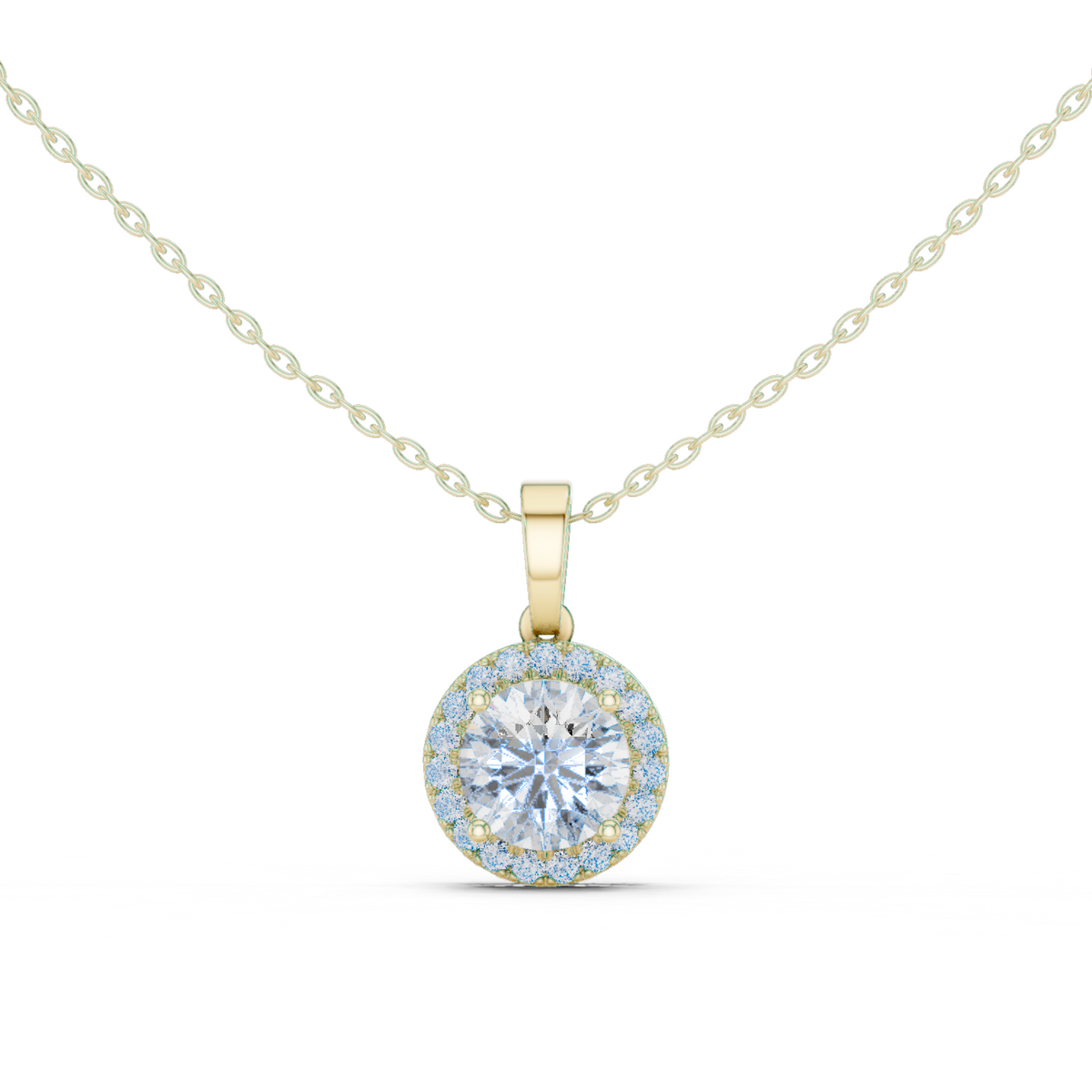14K Solid Gold Lab Diamond Halo Pendant Necklace, Yellow Gold