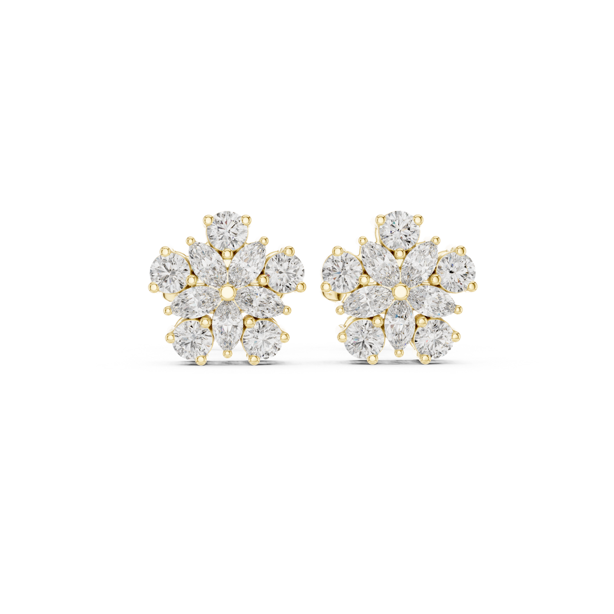 14K Solid Gold Lab Diamond Flower Cluster Earrings, Yellow Gold