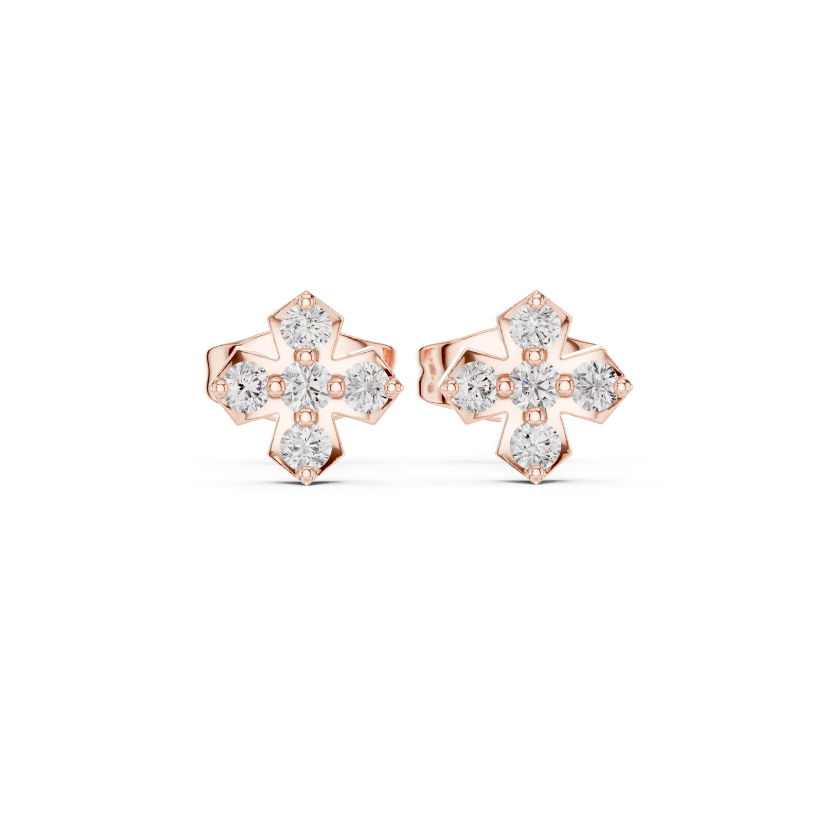 14K Solid Gold Lab Diamond Clover Cluster Earrings, Rose Gold