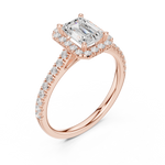 Gold Halo Pave Engagement Ring, Emerald center stone, Rose Gold, view 2