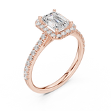 Gold Halo Pave Engagement Ring, Emerald center stone, Rose Gold, view 2