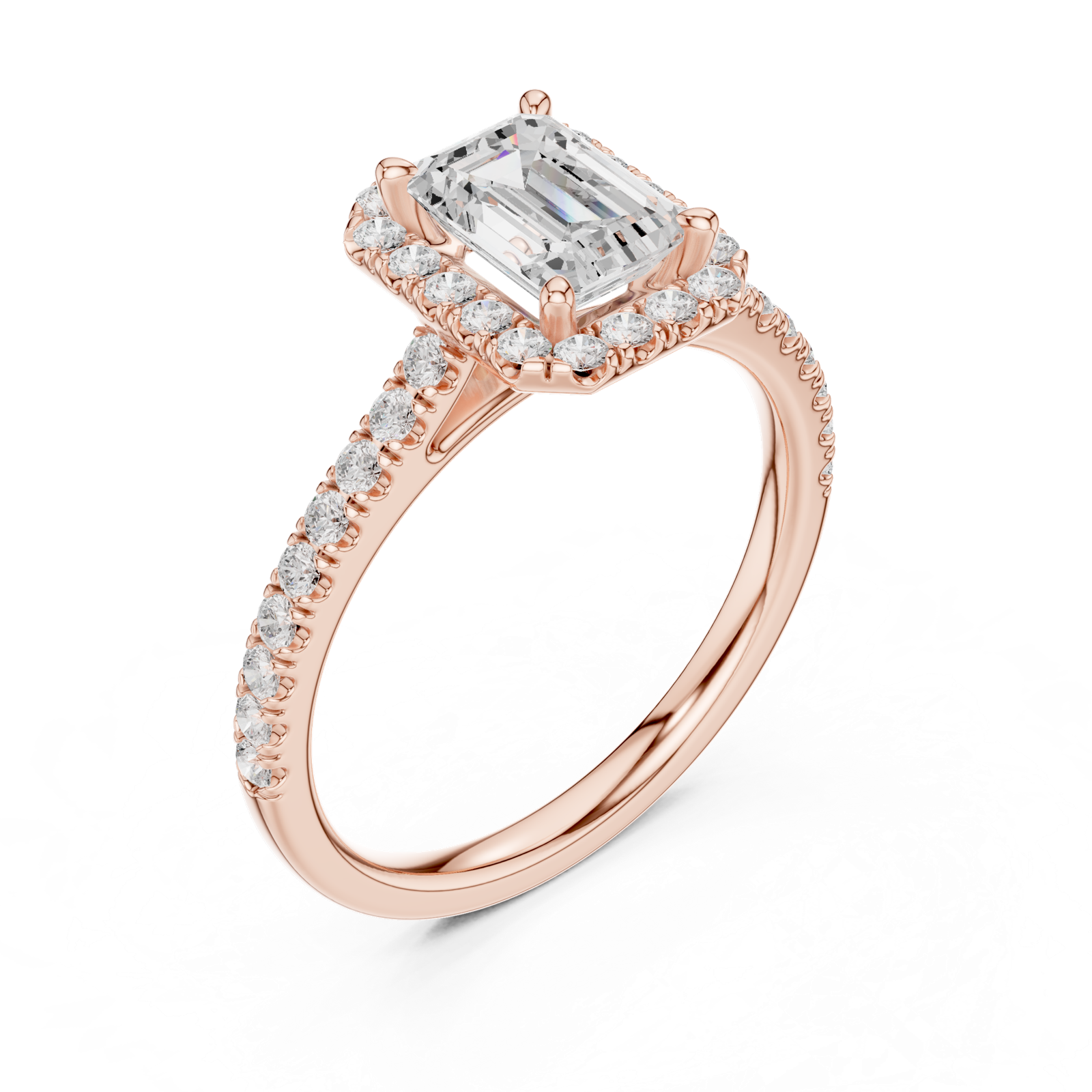 Gold Halo Pave Engagement Ring, Emerald center stone, Rose Gold, view 2