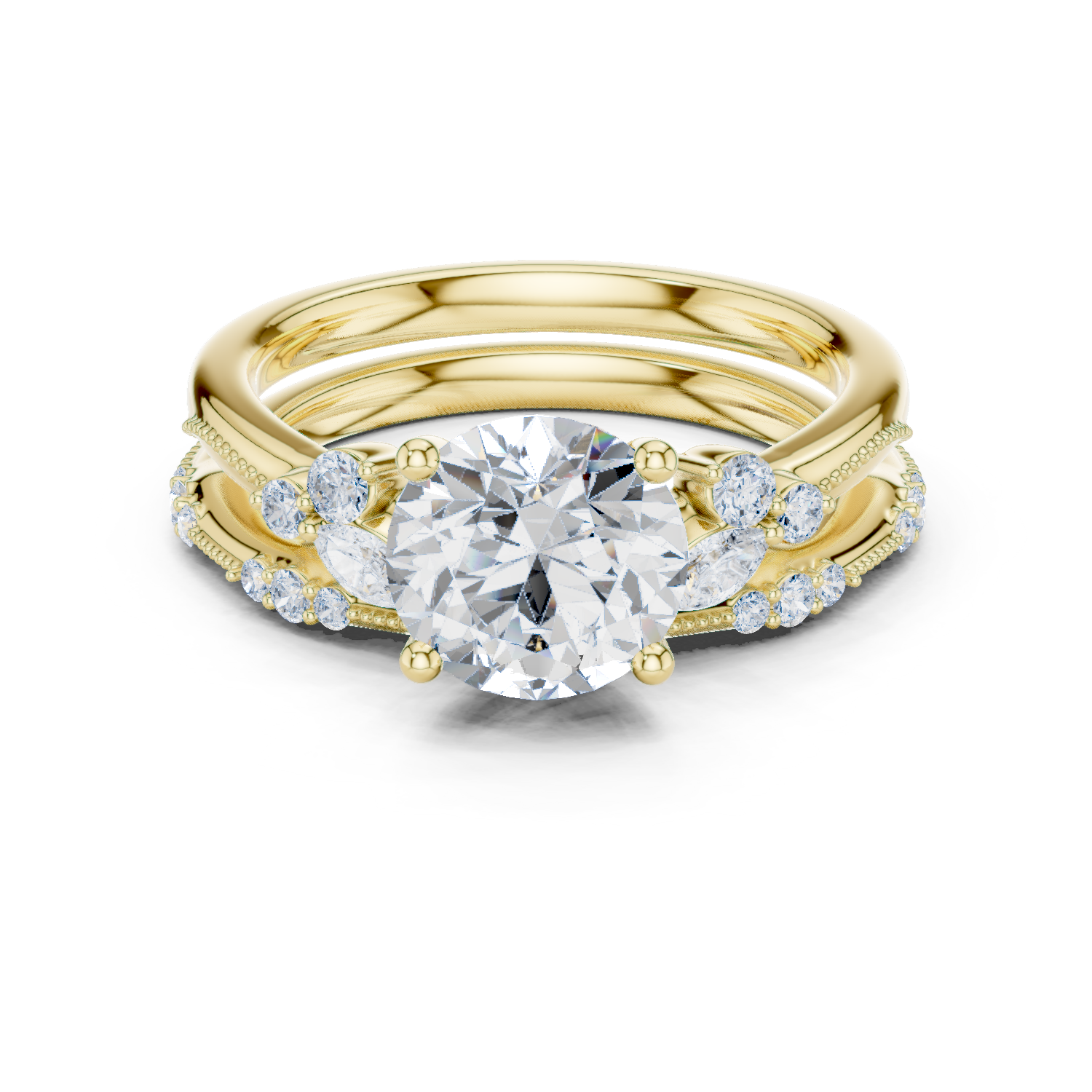 Gold Ring DDLR-299, Round center stone, Yellow Gold
