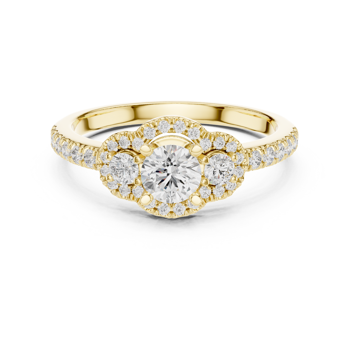 14K Solid Gold Lab Diamond Three-Stone Ring, Yellow Gold