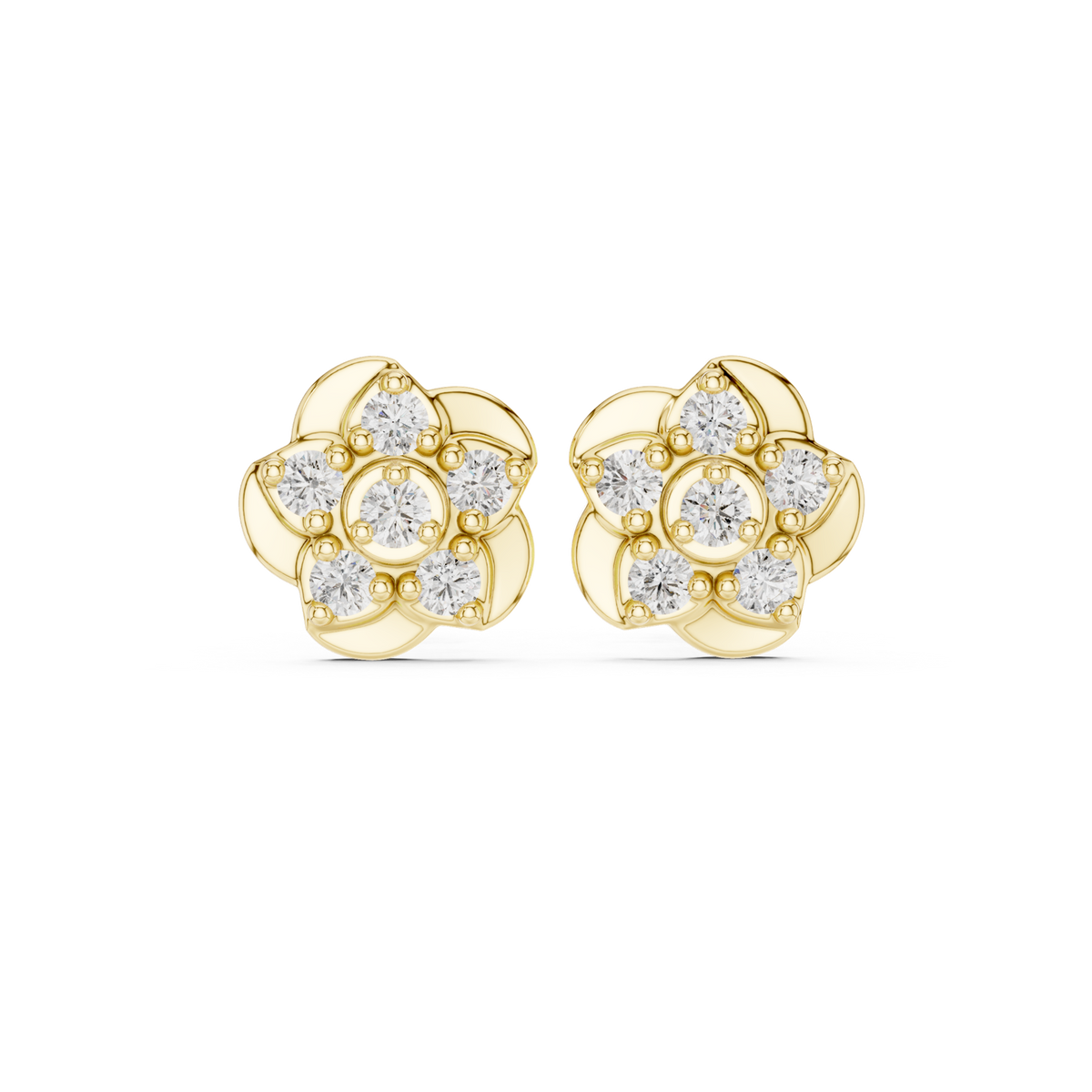 14K Solid Gold Lab Diamond Flower Cluster Earrings, Yellow Gold