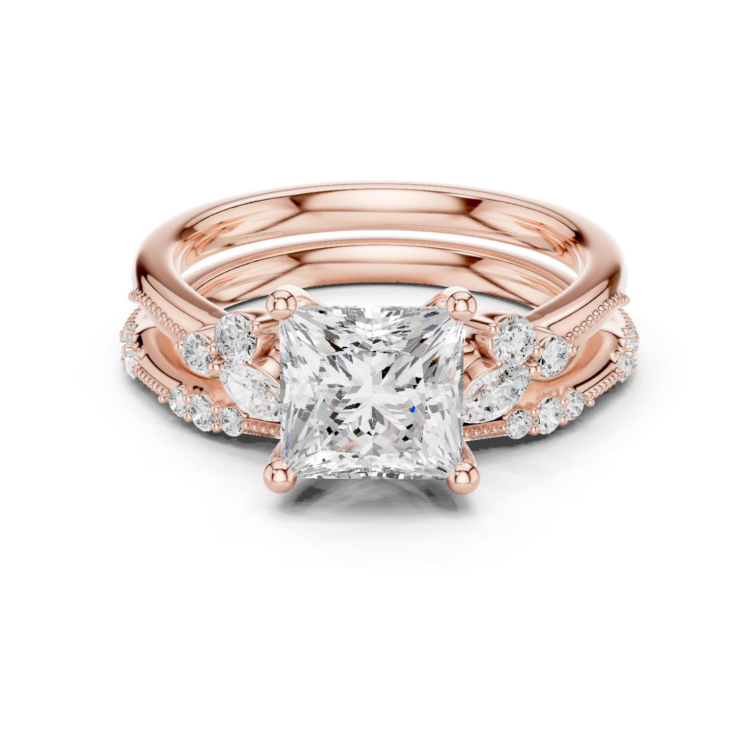 Gold Ring DDLR-299, Princess center stone, Rose Gold