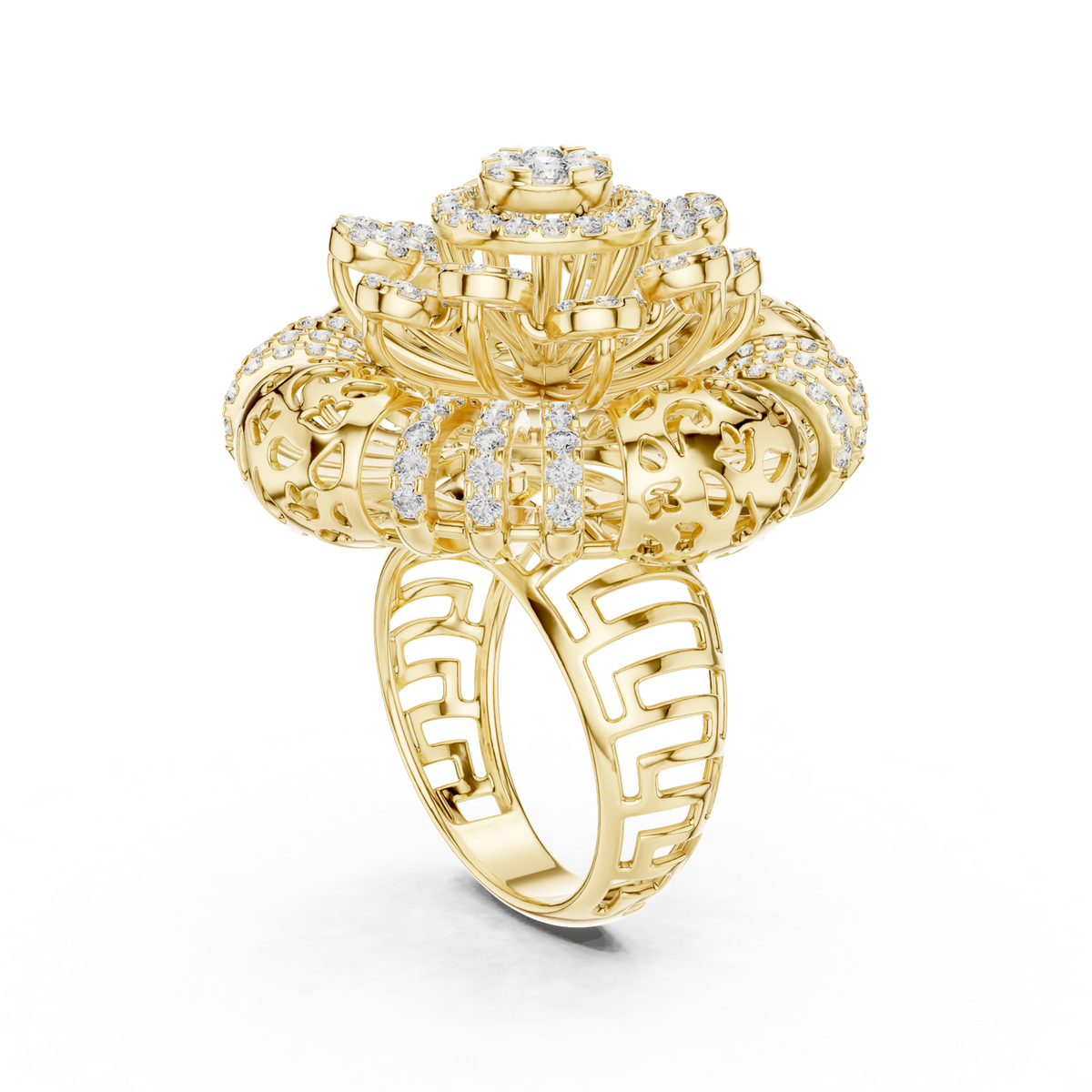 14K Solid Gold Lab Diamond Flower Vintage Ring, Yellow Gold, view 1