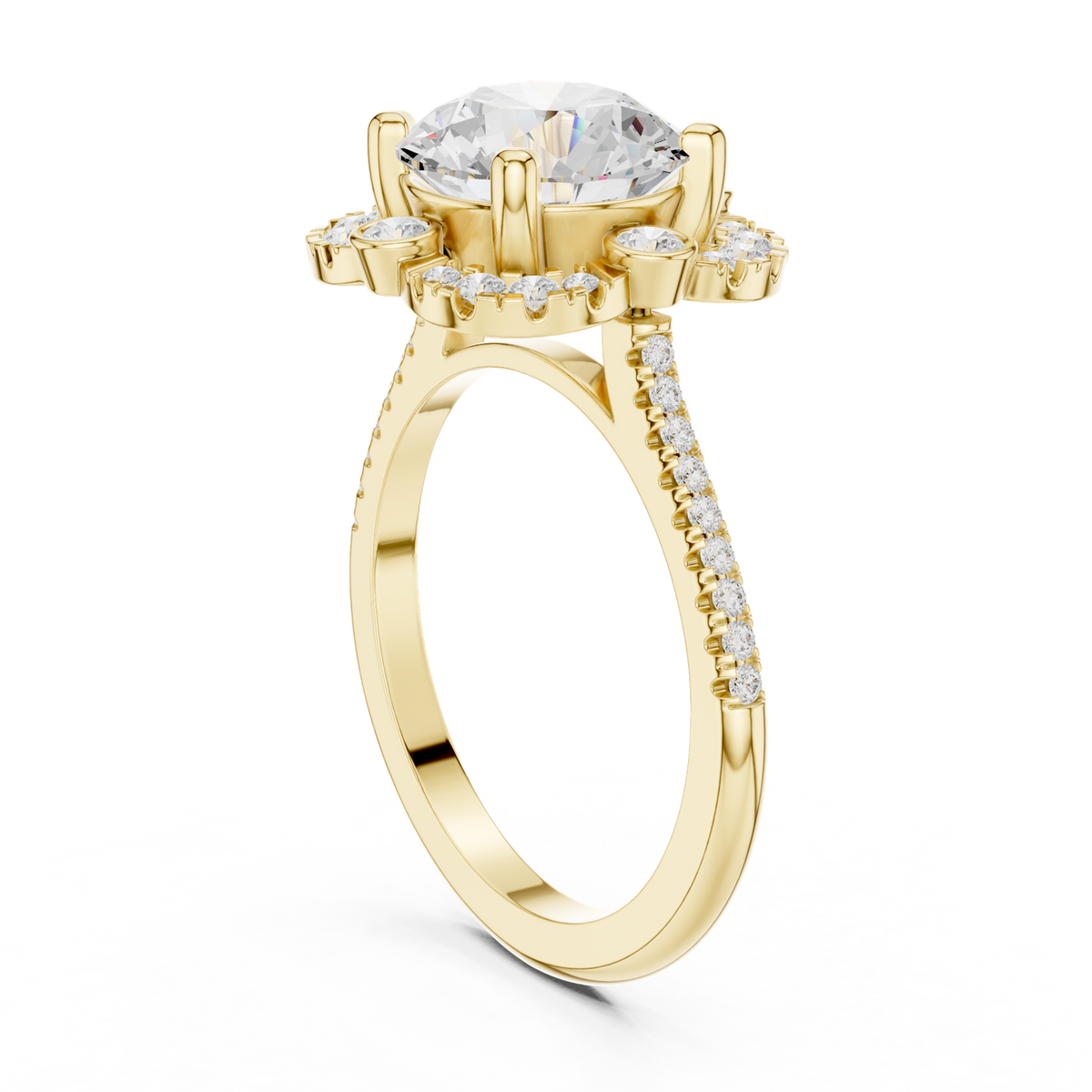14K Solid Gold Lab Diamond Flower Halo Ring, Yellow Gold, view 1