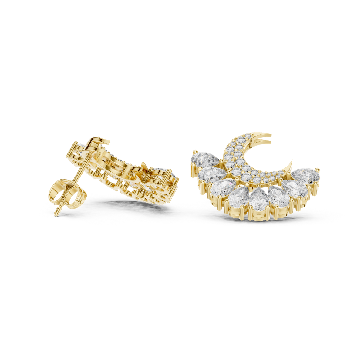 14K Solid Gold Lab Diamond Moon Cluster Earrings, Yellow Gold, view 1