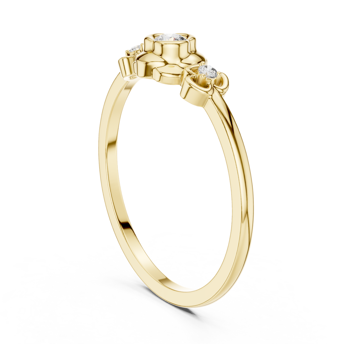 14K Solid Gold Lab Diamond Flower Three-Stone Ring, Yellow Gold, view 1