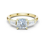 Gold Three-Stone Baguette Engagement Ring, Cushion center stone, Yellow Gold