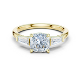 Gold Three-Stone Baguette Engagement Ring, Cushion center stone, Yellow Gold