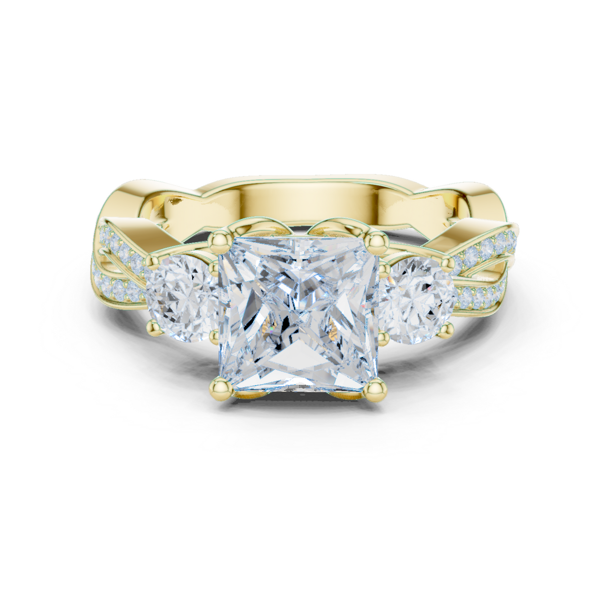 14K Solid Gold Lab Diamond Three-Stone Ring, Yellow Gold