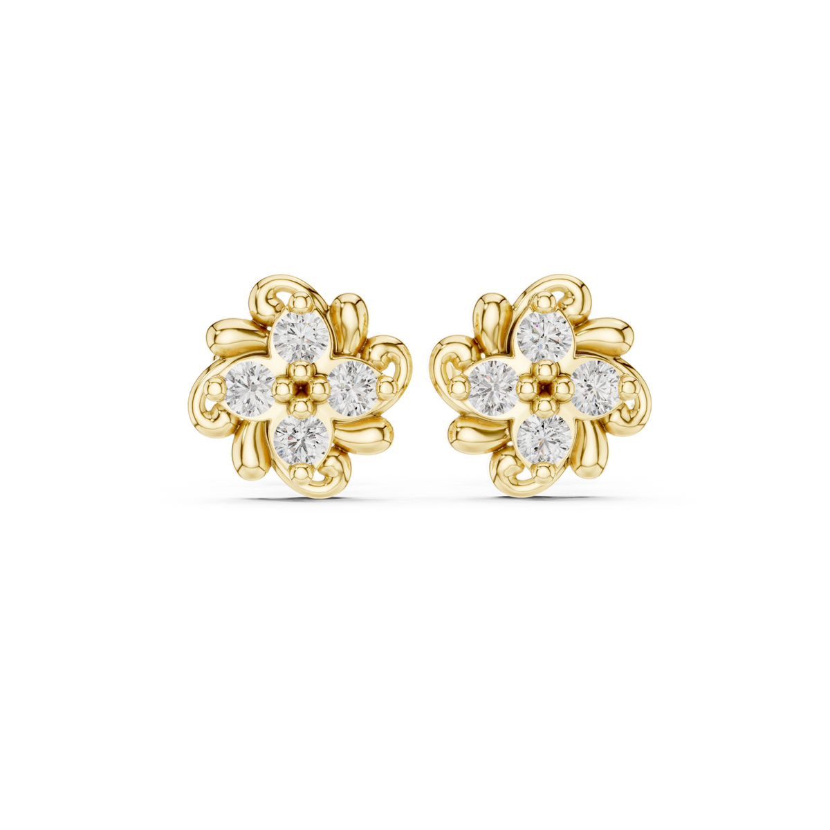 14K Solid Gold Lab Diamond Flower Cluster Earrings, Yellow Gold