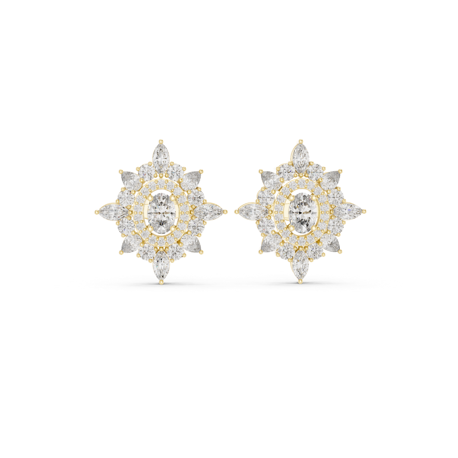 14K Solid Gold Lab Diamond Star Cluster Earrings, Yellow Gold